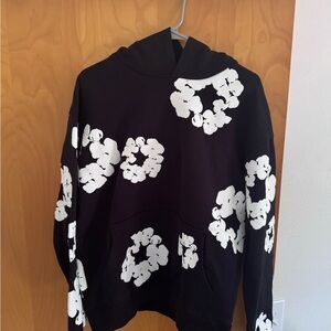 Floral Patterned Black and White Women's Hoodie